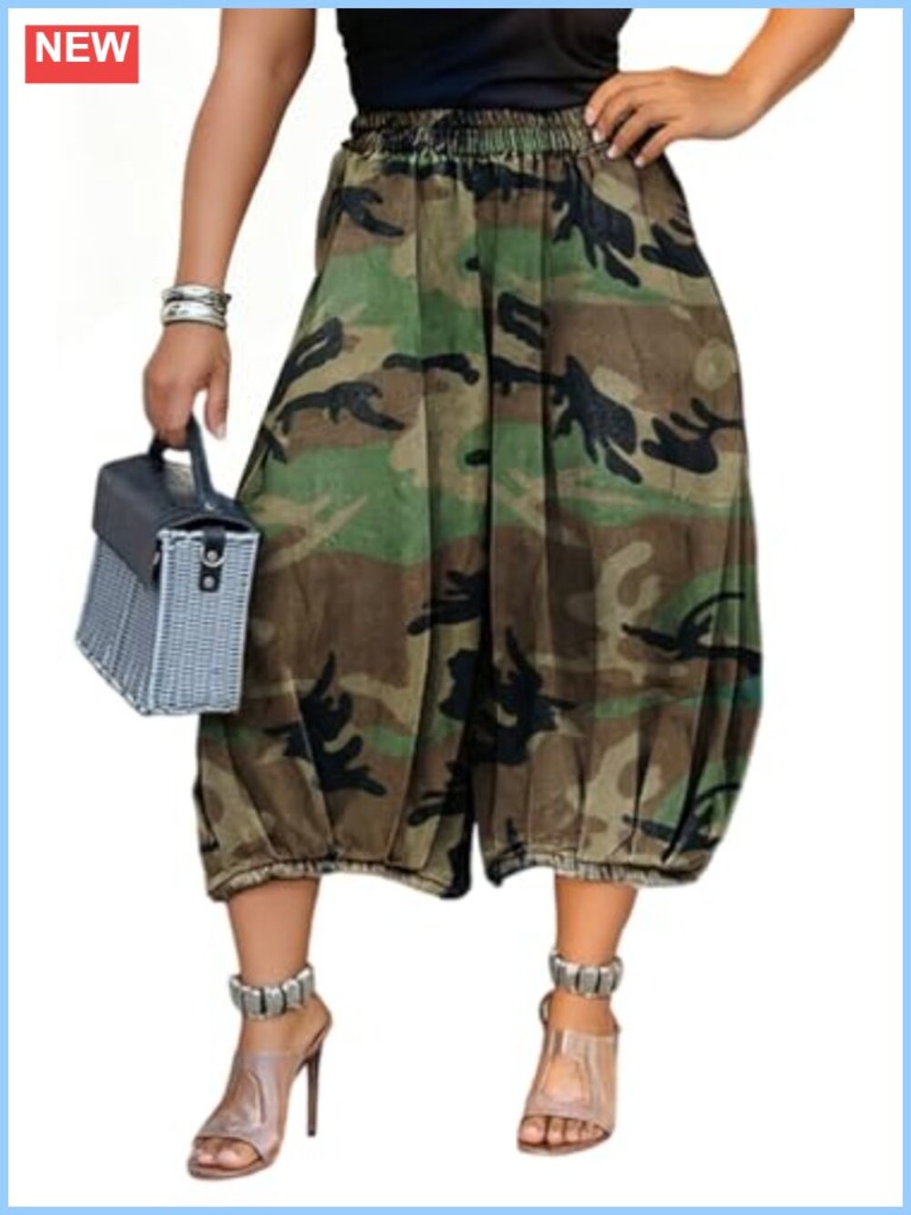 Women's Baggy Camo Cargo Jeans Wide Leg Cropped High Rise Pull On